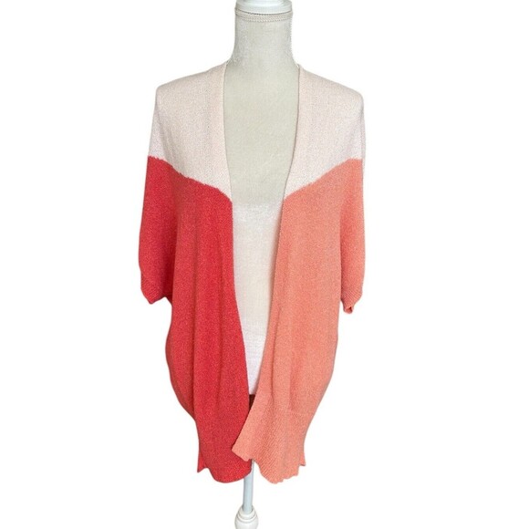 Skies are Blue Short Sleeve Cardigan Women's Med Open Front Orange Color Block - Picture 1 of 11